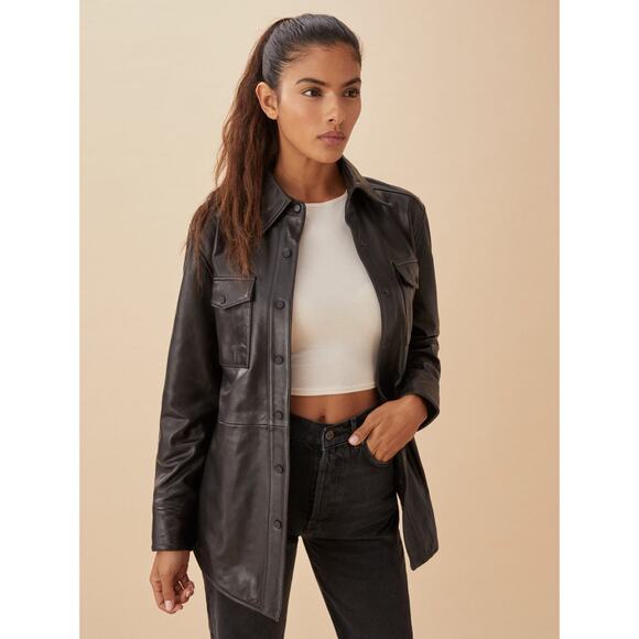 Reformation Veda Leather Shirt Jacket Black size large - Picture 1 of 7
